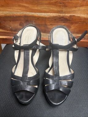 Coach Black Leather T-Strap Sandals - Women's Black